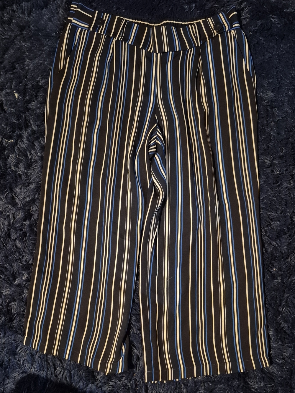 Women's Black Striped Wide-Leg Pants with Blue & Cream Pinstripes